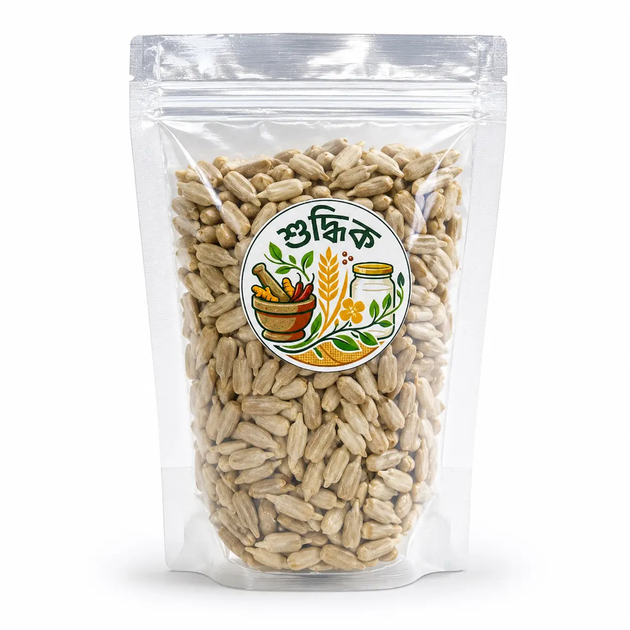 Shudhik premium sunflower seeds in a clear bowl, showcasing golden sunflower seeds on a white background.