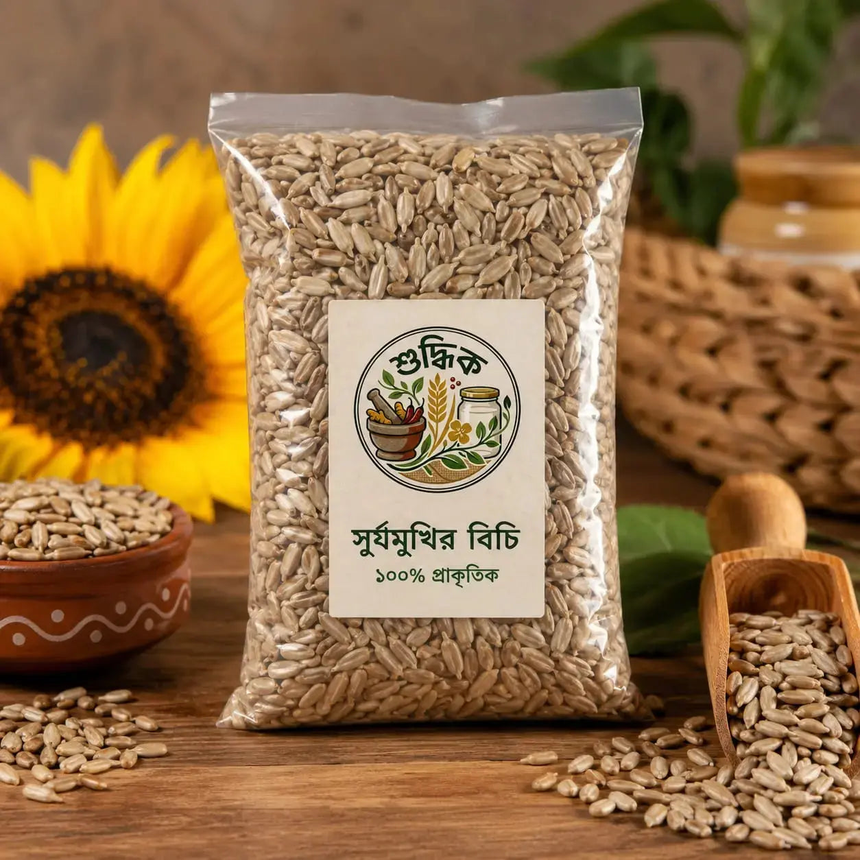 Shudhik premium sunflower seeds, whole and shelled, in a clear bowl, showcasing fresh, golden sunflower seeds on a neutral background.