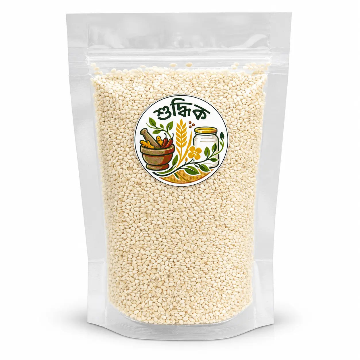 Premium white sesame seeds from Shudhik, close-up of small, white, oval-shaped nuts used in cooking and baking.