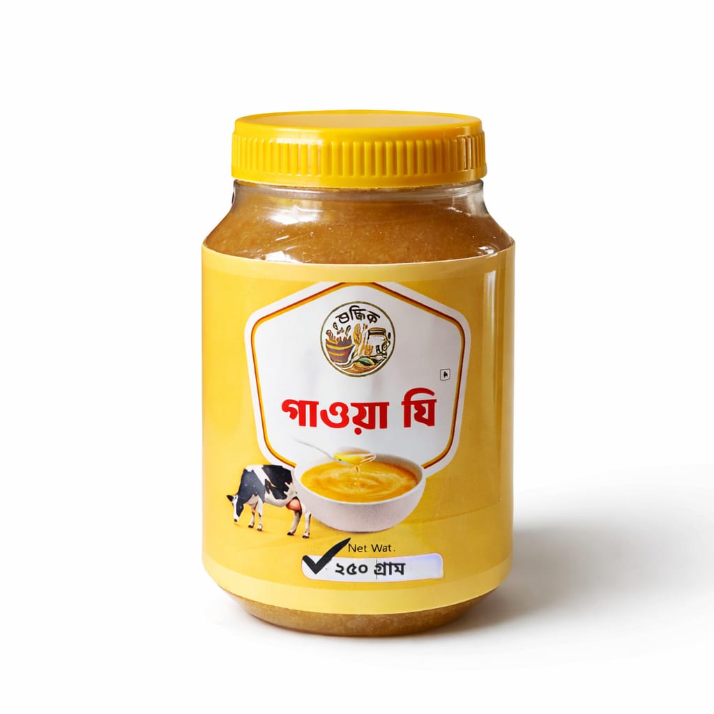 Jar of Shudhik pure Gawa Ghee with a clear label, showcasing smooth, golden ghee inside a glass container.