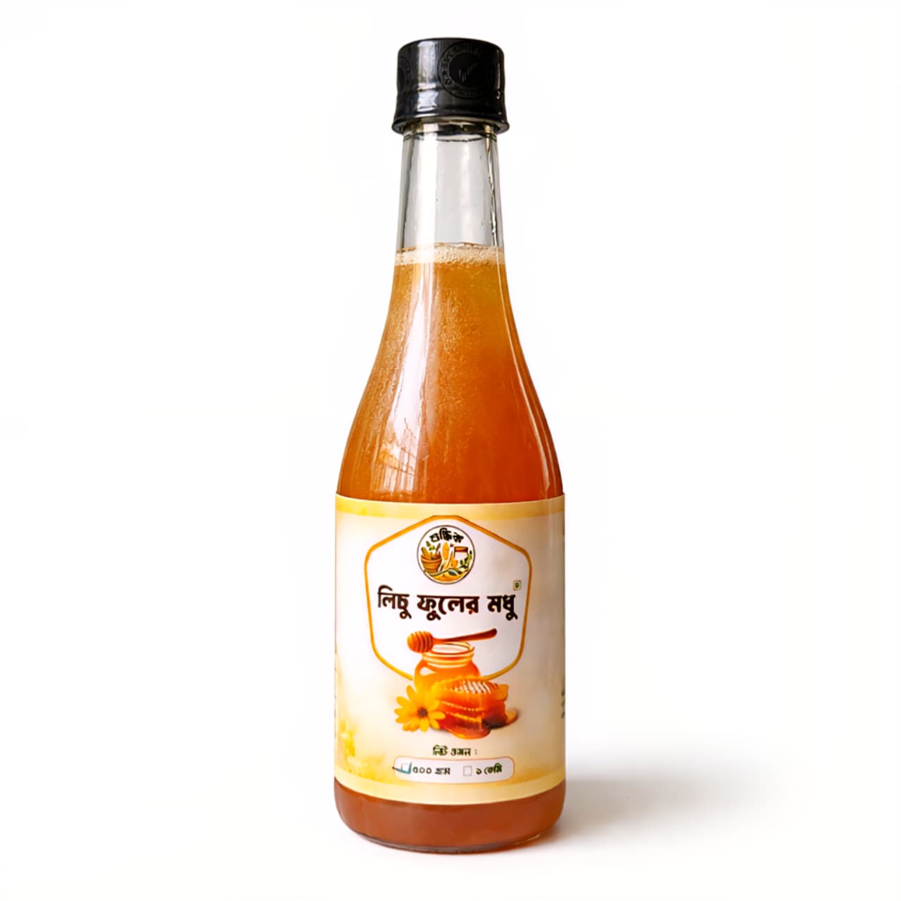Raw Lichu Flower Honey from Shudhik in 500g jar, showcasing golden honey with floral litchi blossom notes.