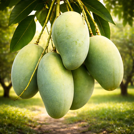 Fresh Shudhik Satkhira Amrapali mango on a tree branch, showcasing vibrant yellow ripe mangoes ready to harvest.