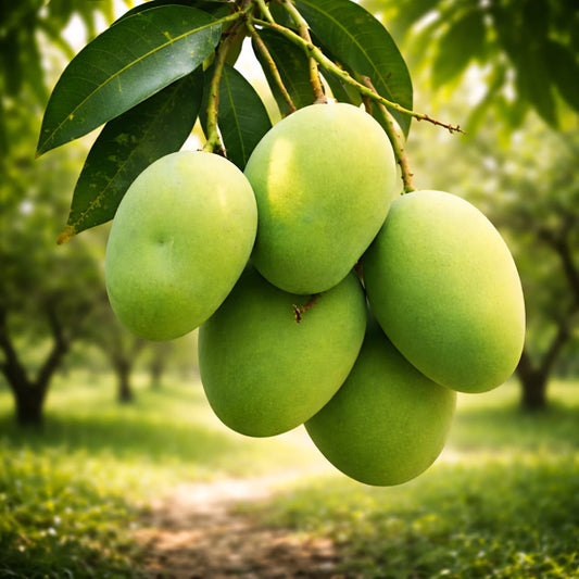Fresh Shudhik Satkhira Langra Mango displaying ripe yellow mangoes on a wooden surface.