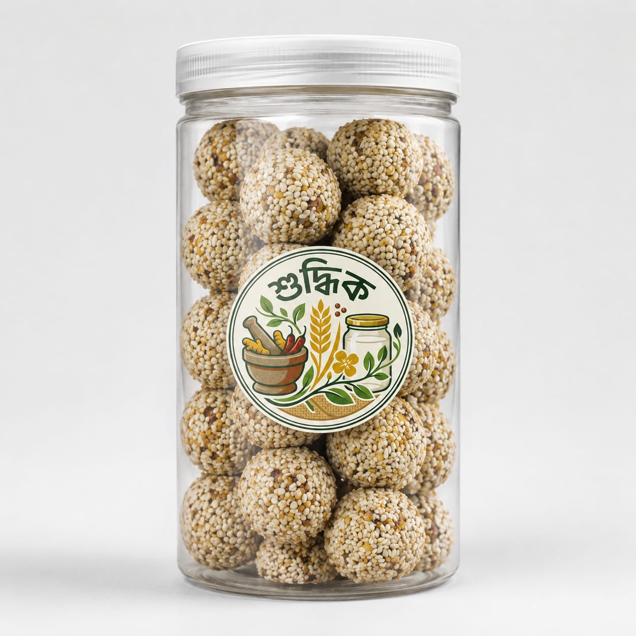 Shudhik Premium Biotin Laddu superfood in jar with sesame and nuts, natural healthy snack with rich ingredients.