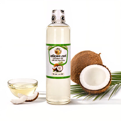 Shudhik organic virgin coconut hair oil in a 500ml bottle, showcasing the clear, pure coconut oil for hair nourishment.
