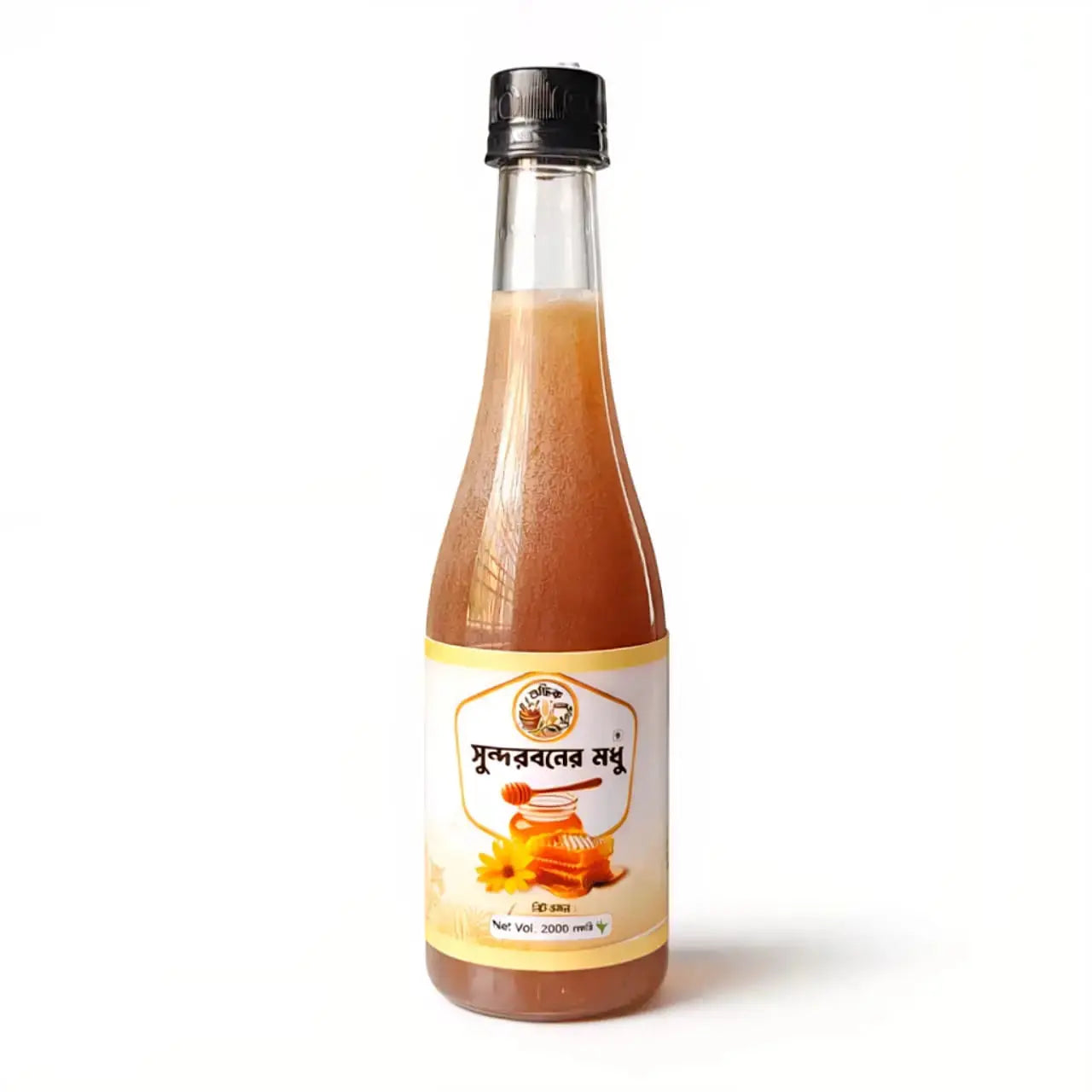 Jar of Shudhik Sundarban Honey (500g) showing golden honey in a clear glass jar with a natural honey dipper.